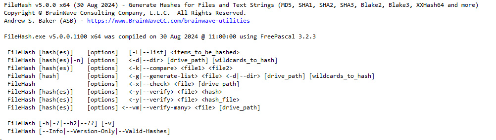 Syntax Help for FileHash v5.0