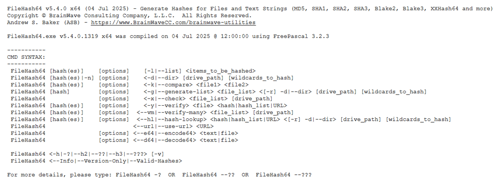 Basic Syntax help for FileHash 5.4
